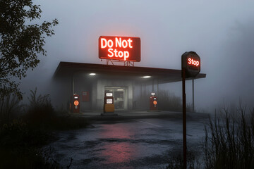 Creepy gas station with "Do not stop" neon sign and surround by mist.
