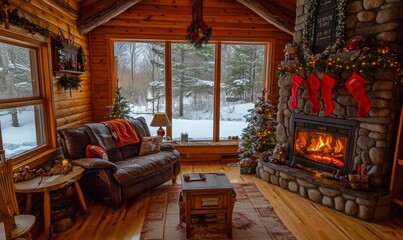 Fototapeta premium Cozy cabin with fireplace, Christmas decorations, and snowy view.