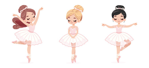 Set of different pretty ballerina in white and pink dress dancing on white background. Poster, Banner, Flyer, Greeting Card. Vector illustration in flat cartoon style
