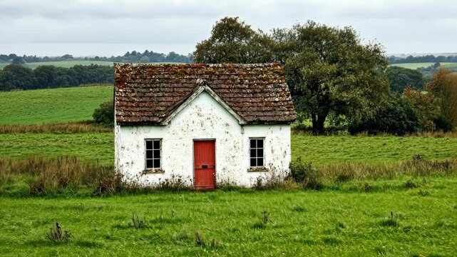 A small white cottage with a red door sits on a grassy field in the Irish countryside