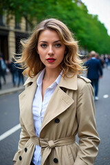 Fototapeta premium A blonde woman with jacket in the street.