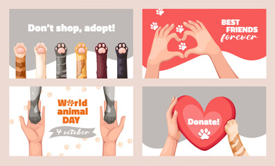 Pet adoption and donation, charity volunteer animal welfare organization cartoon banner design set. Funny poster about love between man and animal, cartoon hands holding cat paws vector illustration