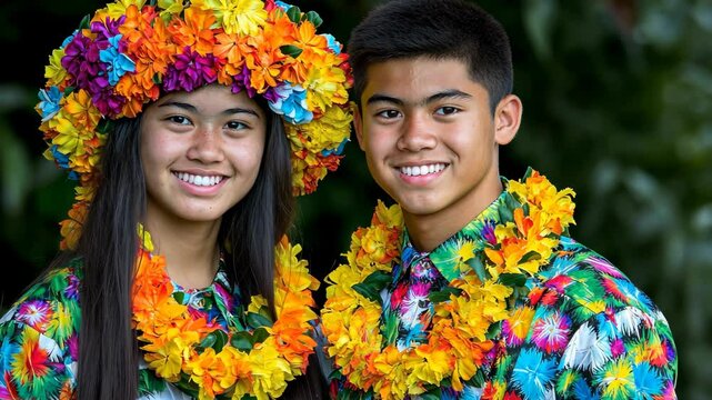 A young couple smiles for the camera while wearing colorful leis