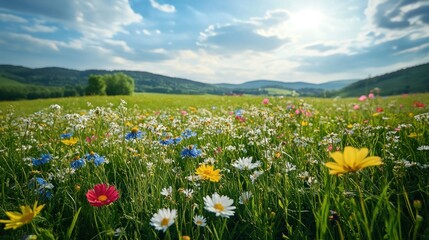 A peaceful spring meadow with colorful flowers in full bloom, surrounded by rolling green hills and soft sunlight