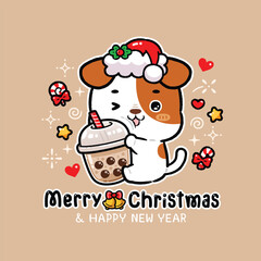 Cute Puppy Wearing Santa Hat Hugging Bubble Milk Tea, Celebrate Christmas, Greeting Card