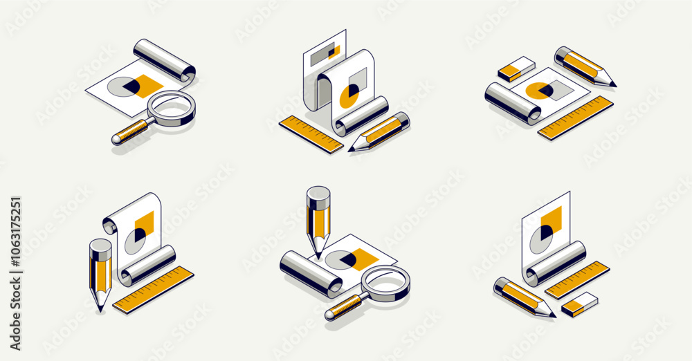 Poster engineering project concept set, paper document blueprint with pencil engineer work job vector 3d is