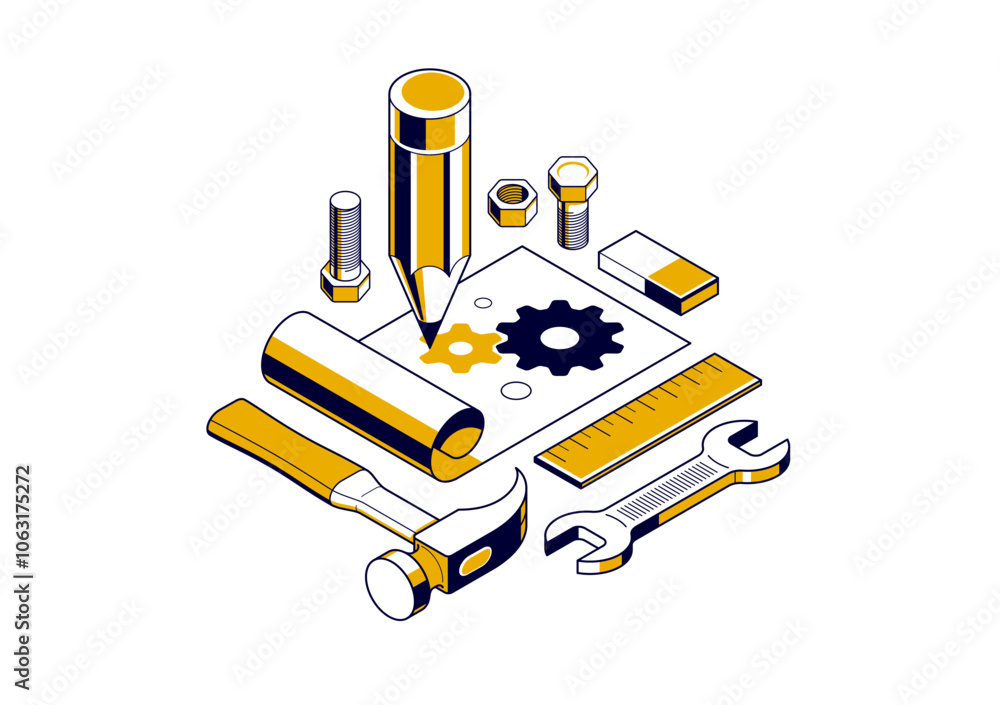 Aufkleber mechanical engineering project in embodiment implementation concept, engine draft plan drawing and w
