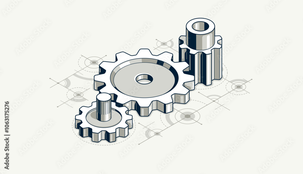 Poster mechanical engineering concept, gears and cogs with project drawing draft isometric 3d vector illust
