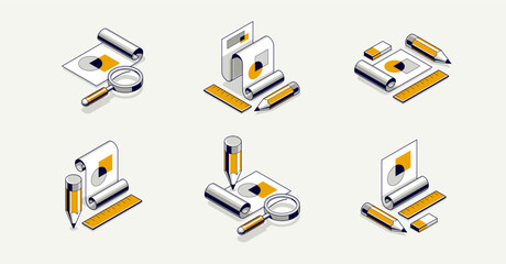 Engineering project concept set, paper document blueprint with pencil engineer work job vector 3D isometric illustration, abstract plan drawing, cad scheme icon. © Sylverarts