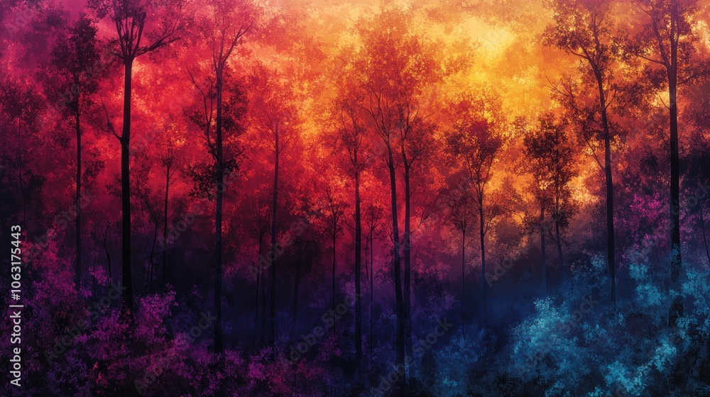 Poster a psychedelic spring forest with trees whose leaves change color as they sway in the wind, ranging f