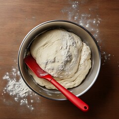 Dough Preparation in Metal Bowl with Red Spatula on Wooden Surface