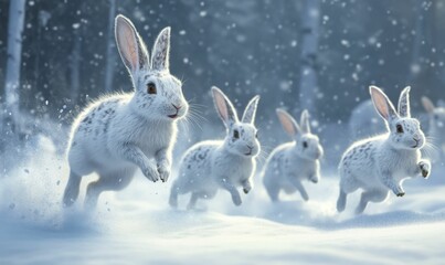Fototapeta premium White rabbits leaping through snowy forest.