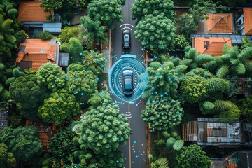 An aerial view of a self-driving car navigating a residential street with a futuristic blue interface, surrounded by lush greenery.