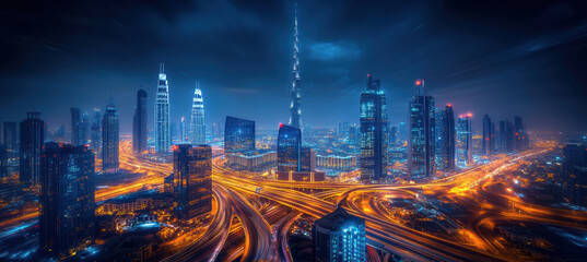 Fototapeta premium Tall buildings and light trails in the dark sky