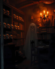 a room with a lot of candles and skulls on the table and books on the shelves and a window, Dirk Crabeth, gothic art, arcane, a still life