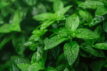 Water drops resting on vibrant green basil leaves, thriving in a lush garden setting