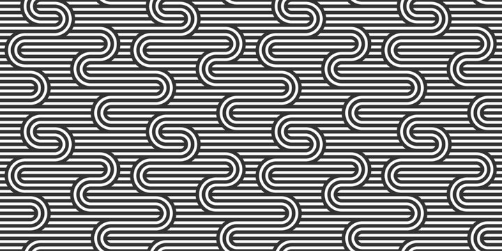 Lined seamless vector pattern with twisted lines, geometric abstract background, stripy net, optical maze, web network. Black and white design.