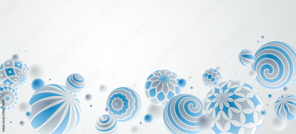 Poster abstract spheres vector background, composition of flying balls decorated with patterns, 3d mixed va