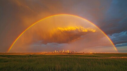 A rainbow cuts through the storm clouds over a vibrant city skyline glowing in the distance