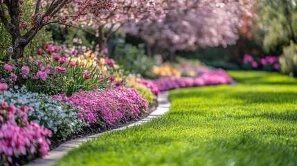 Obraz premium A row of flowering trees and blooming shrubs in a well-kept garden, their blossoms filling the air with the essence of spring