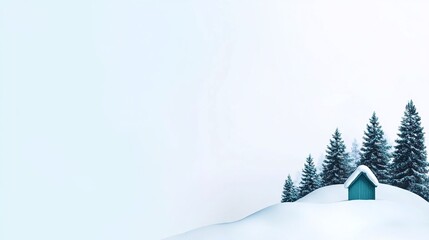 Snowy Landscape with Small Cabin and Evergreen Trees