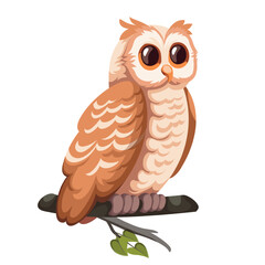 Cute cartoon brown owl on summer tree branch with green leaf. Funny cheerful baby forest bird sitting and watching. Ornithology, nature mascot, cartoon tawny owl of woodland vector illustration