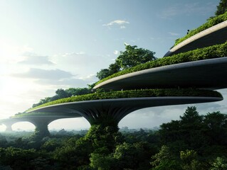 Fototapeta premium A futuristic structure integrates greenery on multi-leveled platforms, surrounded by trees and a serene sky, symbolizing harmony between nature and architecture.