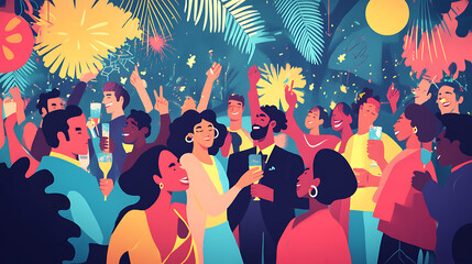 A colorful New Year's Eve party with people dancing, drinking, and having fun 
