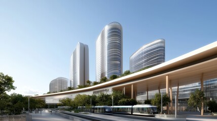 A modern urban landscape featuring sleek skyscrapers, a train station, and greenery under a clear blue sky.