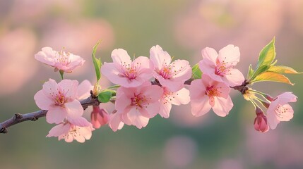 A single cherry blossom branch with soft pink flowers against a blurred background of greenery