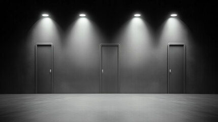 Multiple doors illuminated by overhead lights in a dark hallway creating an intriguing mystery