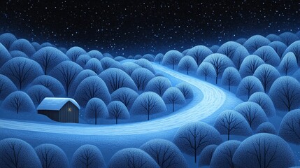 Obraz premium Snowy Landscape with Winding Path and Peaceful Cabin
