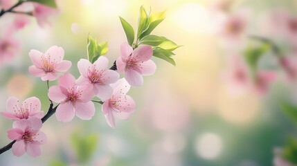 Obraz premium A single cherry blossom branch with soft pink flowers against a blurred background of greenery