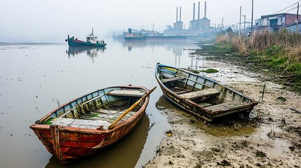 Obraz premium Two abandoned boats sit by a foggy riverbank, reflecting an industrial backdrop, evoking a sense of tranquility amidst urban decay.