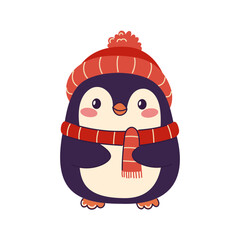 Cute christmas penguin wearing hat and scarf. Christmas penguin character isolated on a white background. Hand-drawn illustration