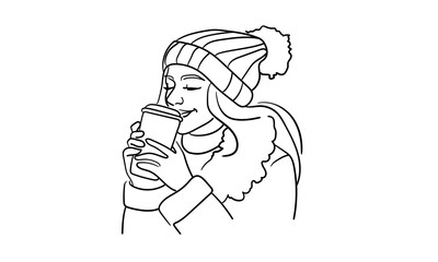 Girl enjoying coffee continuous line art drawing isolated on white background. Happy winter lady line art. Vector illustration