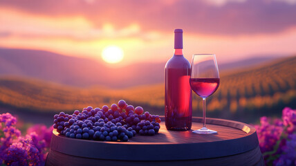 Grapes and wine bottle with sunset backdrop