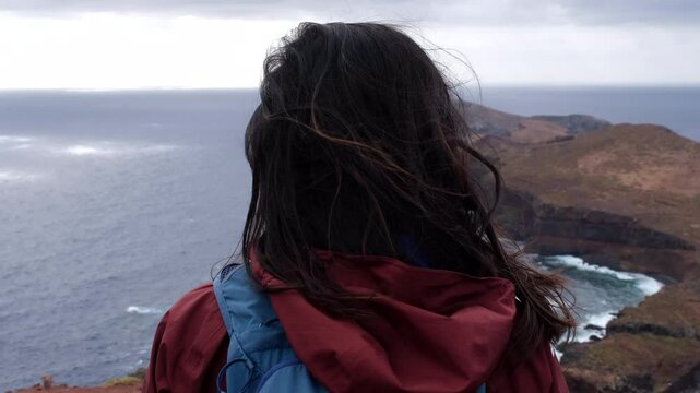 Vereda da Ponta de S&atilde;o Louren&ccedil;o Hike (PR8), Madeira, Portugal. Girl Hiker, Slow Motion, Close-Up, 4K
