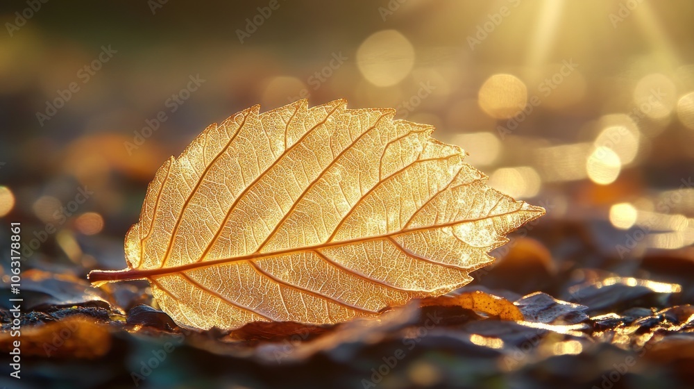 Poster a single translucent leaf gleaming under soft sunlight, emphasizing sharp veins on a simple backgrou