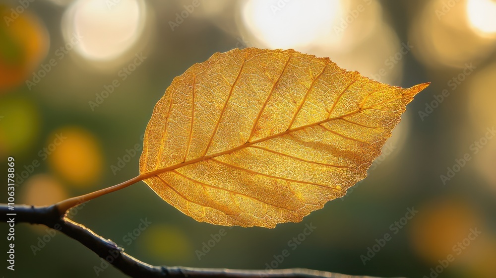Poster a single translucent leaf gleaming under soft sunlight, emphasizing sharp veins on a simple backgrou