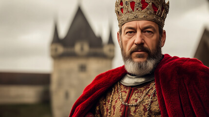 Fototapeta premium Król stoi w pełnej okazałości przed imponującym zamkiem średniowiecznym.