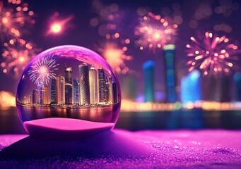 image of a sand globe with qatar doha skyline inside, fireworks in the background, magical effect, realistic style, futuristic background, festive style, new year celebration,generative ai