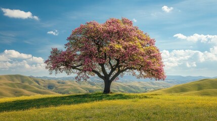 Fototapeta premium A single tree with colorful blossoms blooming against a backdrop of rolling hills and blue sky
