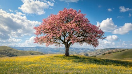 A single tree with colorful blossoms blooming against a backdrop of rolling hills and blue sky