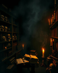 a room with a lot of candles and skulls on the table and books on the shelves and a window, Dirk Crabeth, gothic art, arcane, a still life