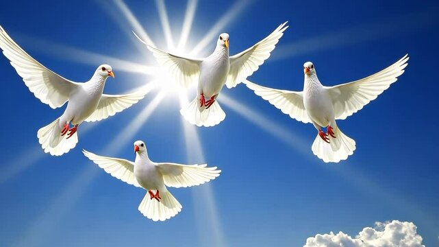 Four white doves fly against a blue sky with a bright sun shining above