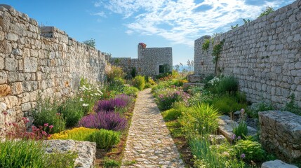Fototapeta premium A spring herb garden with fresh blooms and aromatic plants, surrounded by stone walls and a bright blue sky