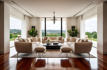 Fototapeta premium Modern luxurious living room interior with stylish boucle furniture and boucle sofa and large window