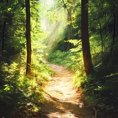 Obraz premium Sunlit forest path through lush greenery, inviting tranquility and exploration.