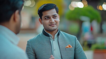 Naklejka premium An Indian entrepreneur in a traditional kurta and jacket, discussing